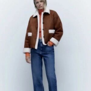 Zara Brown Teddy Jacket with Cream Accents NWOT